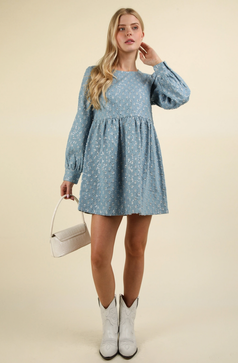 Textured Glitter Denim Babydoll Flare Mini Dress