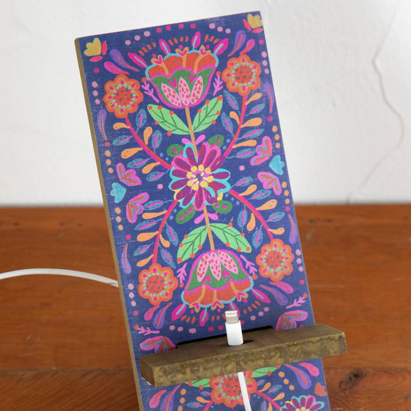 Wooden Phone Stand - Navy Folk Flower