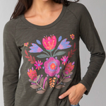 Long Sleeve Boho Cotton Tee Shirt - Folk Flower Charcoal