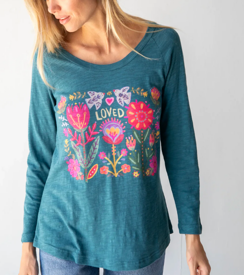 Long Sleeve Boho Cotton Tee Shirt - Folk Flower Charcoal