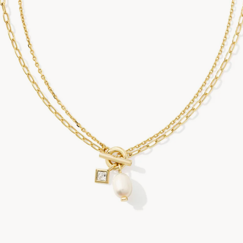 Eve Gold Chain Multi Strand Necklace in White Pearl