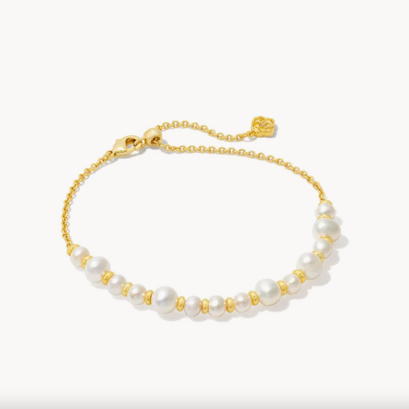 Jovie Gold Beaded Delicate Chain Bracelet in White Pearl