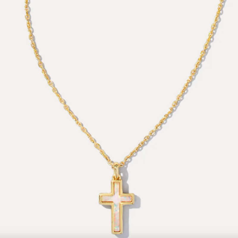 Cross Gold Pendant Necklace in White Opal