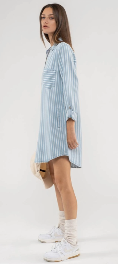 Chambray Striped Mini Shirt Dress