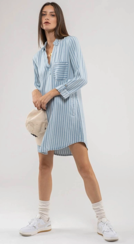 Chambray Striped Mini Shirt Dress