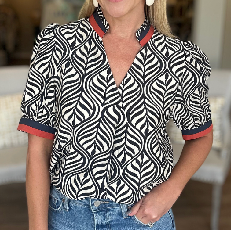 Contrast Trim Short Sleeve Black & White Top