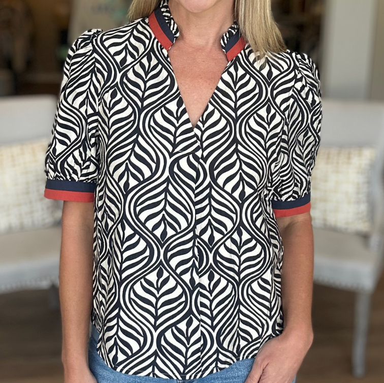 Contrast Trim Short Sleeve Black & White Top