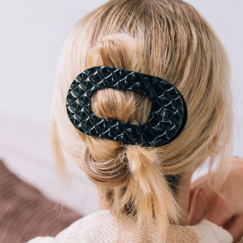 Flat Round Hair Clip | Jet Black Quilted