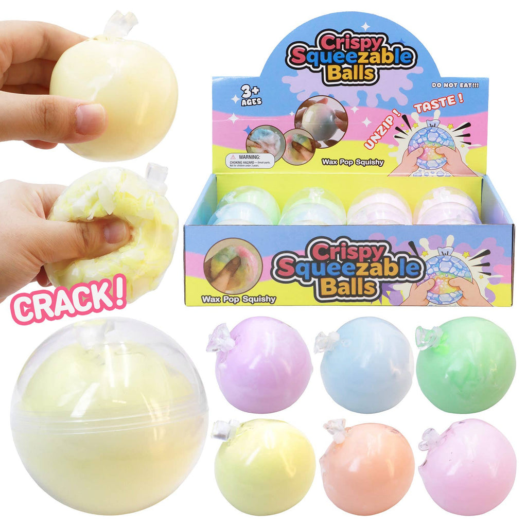 Crispy Squeezable Balls with packaging and a hand holding one of the balls.