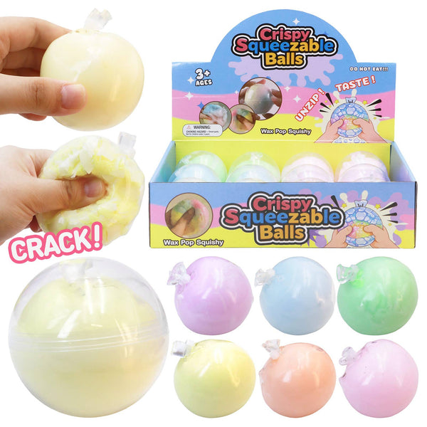 Crispy Squeezable Balls with packaging and a hand holding one of the balls.