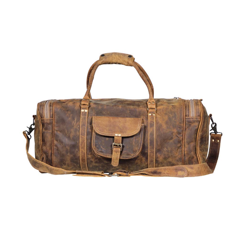Brown leather duffel bag on a white background