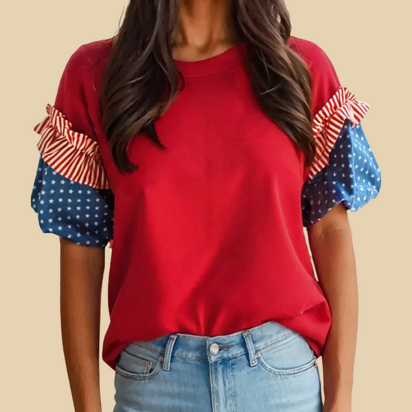 Red top with colorful sleeves 