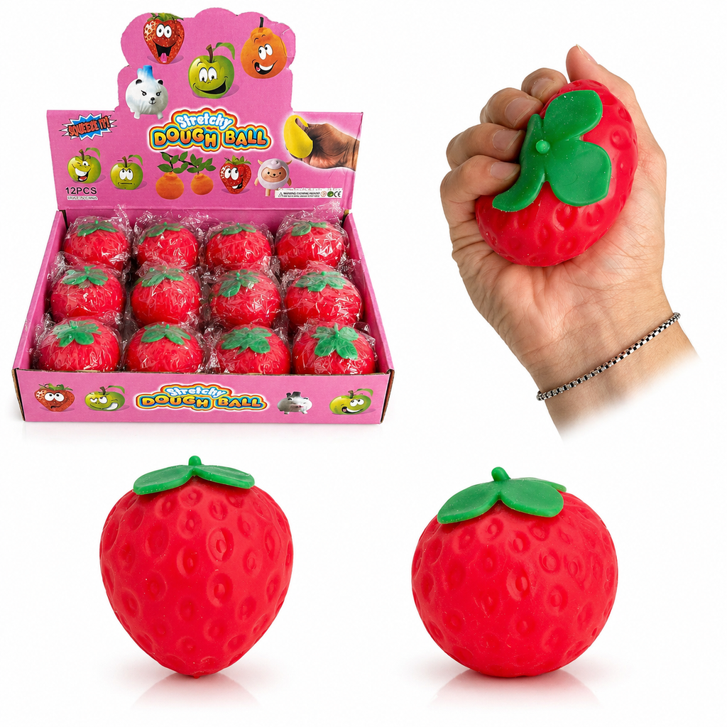 Strawberry-shaped stress ball with packaging and a hand squeezing it.