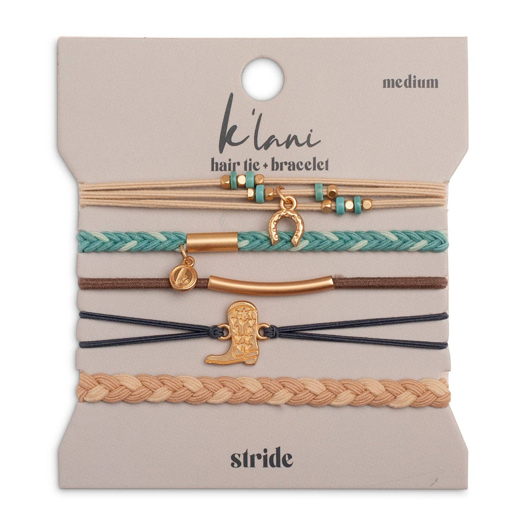 Set of hair ties and bracelets on a 'kl'ani' branded card with 'stride' text.