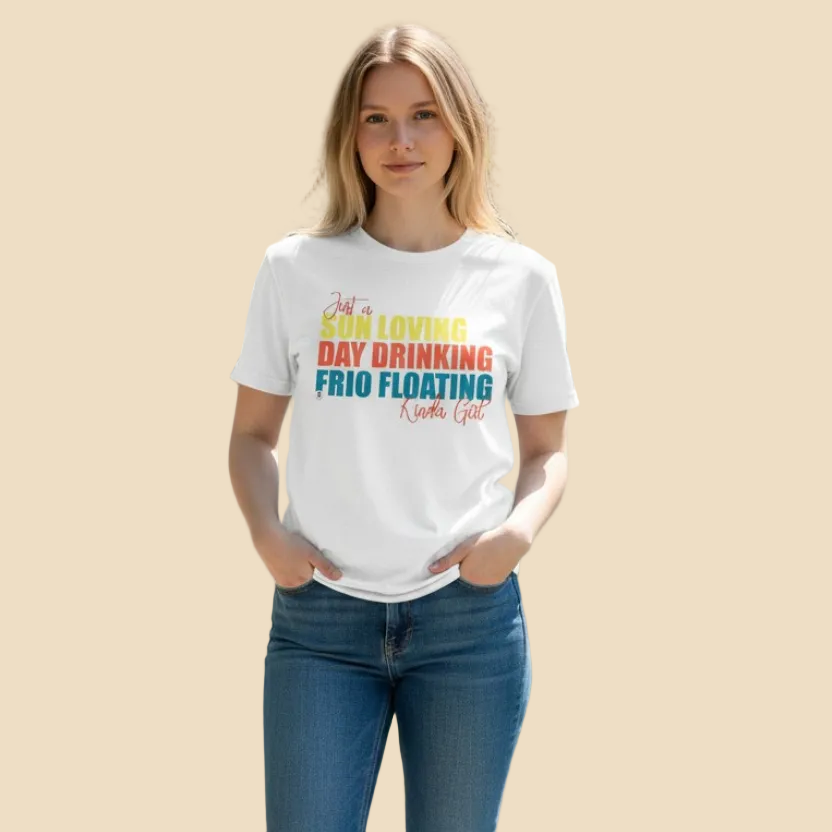 Person wearing a white t-shirt with colorful text 