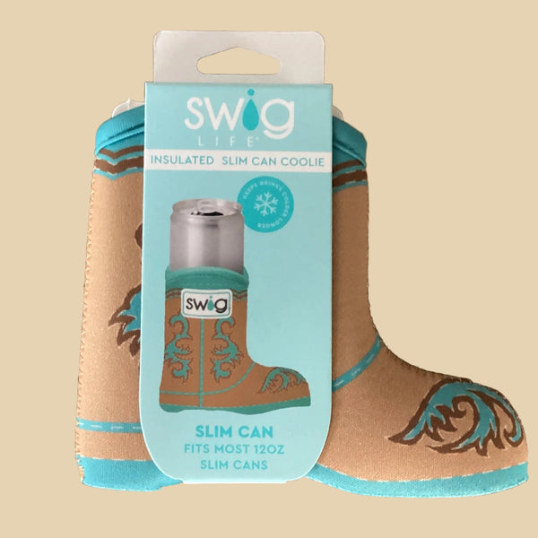 Cowboy boot-shaped can cooler with packaging on a wooden surface