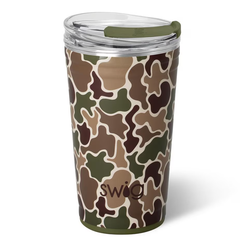 Camouflage-patterned tumbler with 'Swig' logo on a white background