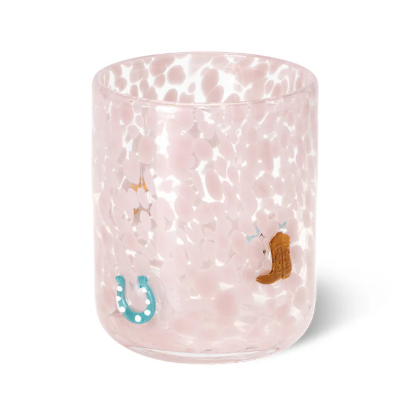 Pink marbled glass with cartoon illustrations on a white background