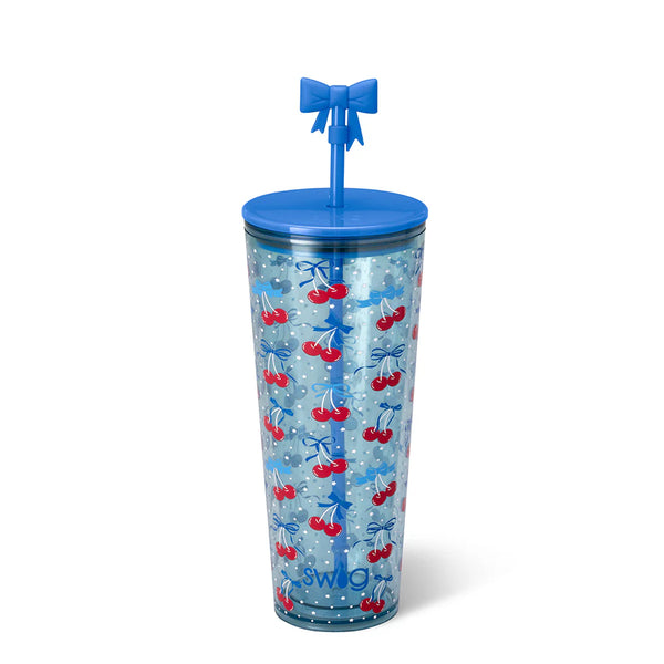 Tumbler with blue lid, cherry design, and bow on a white background