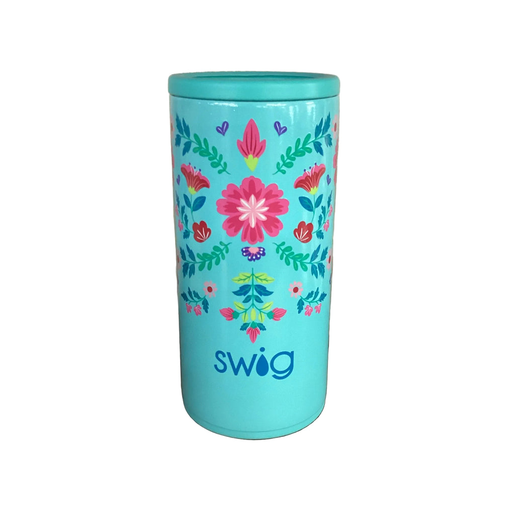 Colorful floral-patterned tumbler on a wooden surface