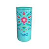 Colorful floral-patterned tumbler on a wooden surface