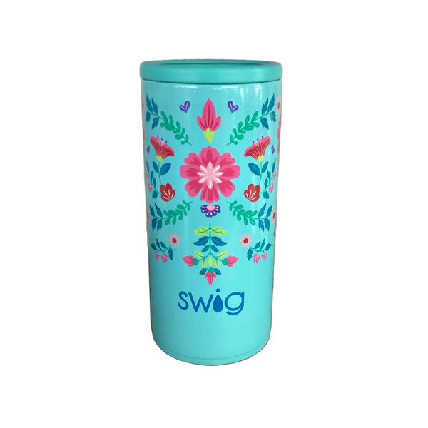 Colorful floral-patterned tumbler on a wooden surface