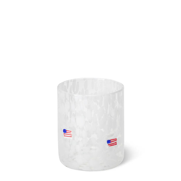 White textured cup with small American flag decorations on a white background