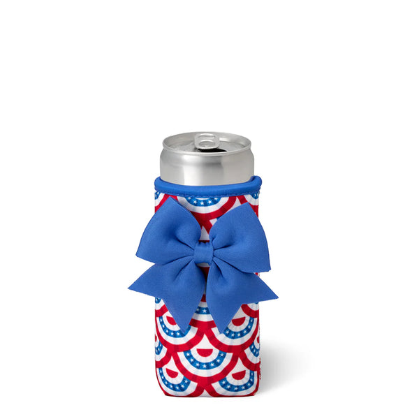 Can cooler with red, white, and blue pattern and a large blue bow on a white background