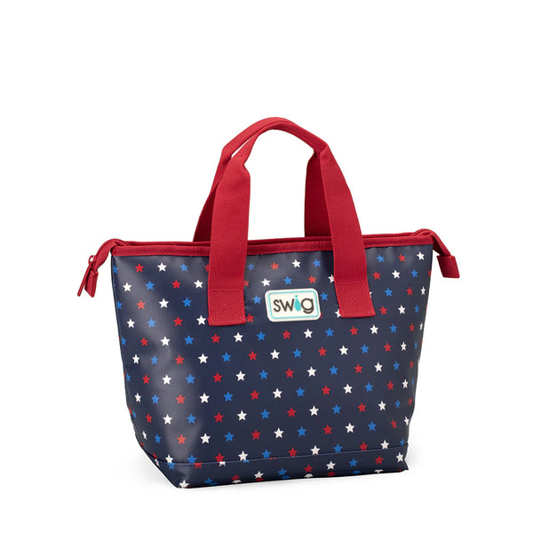 Navy tote bag with red, white, and blue star pattern on a white background