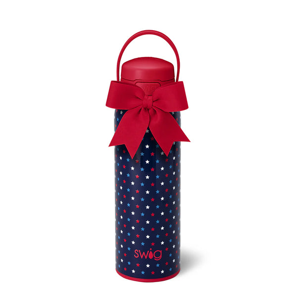 Navy water bottle with red stars and a red bow, featuring the Swig logo on a white background.