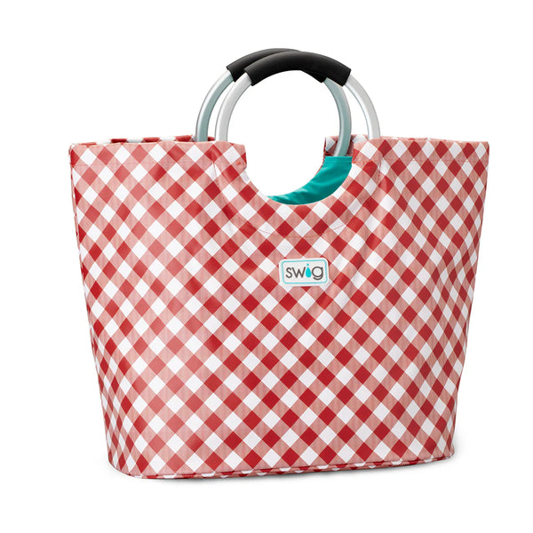 Red and white checkered bag with a black handle on a white background