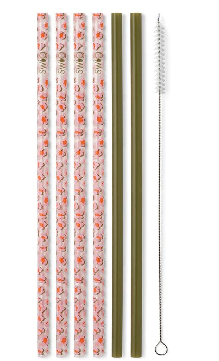 Set of straws including patterned plastic straws and a metal cleaning brush on a white background