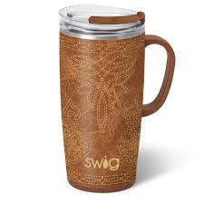 Brown travel mug with handle and 'Swig' branding on a white background
