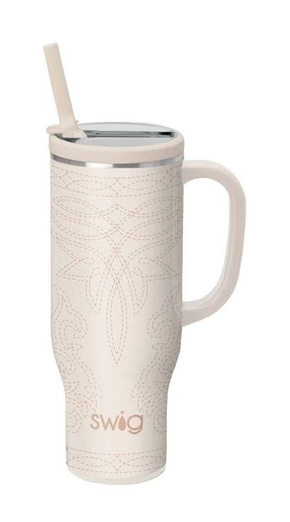 White textured mug with handle and straw on a white background
