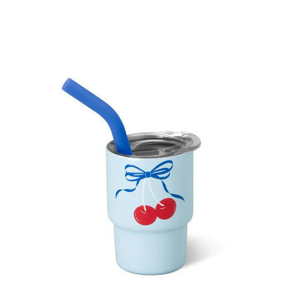 Light blue tumbler with cherry and bow design on a white background