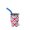 Tumbler with red, white, and blue pattern and blue straw on a white background