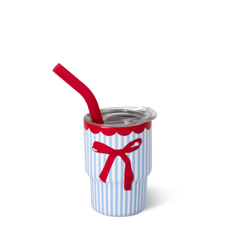 Tumbler with blue stripes and red bow design on a white background