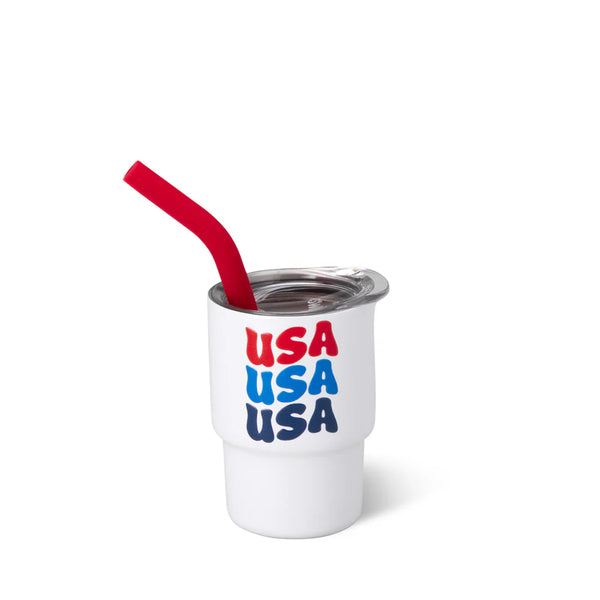 White tumbler with 'USA' text and a red straw on a white background