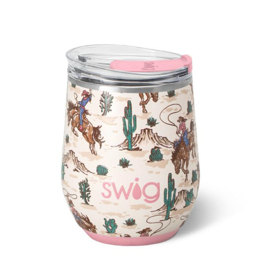 Wine tumbler with desert pattern and 'swig' branding on a white background