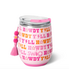 Pink tumbler with text and a tassel on a white background