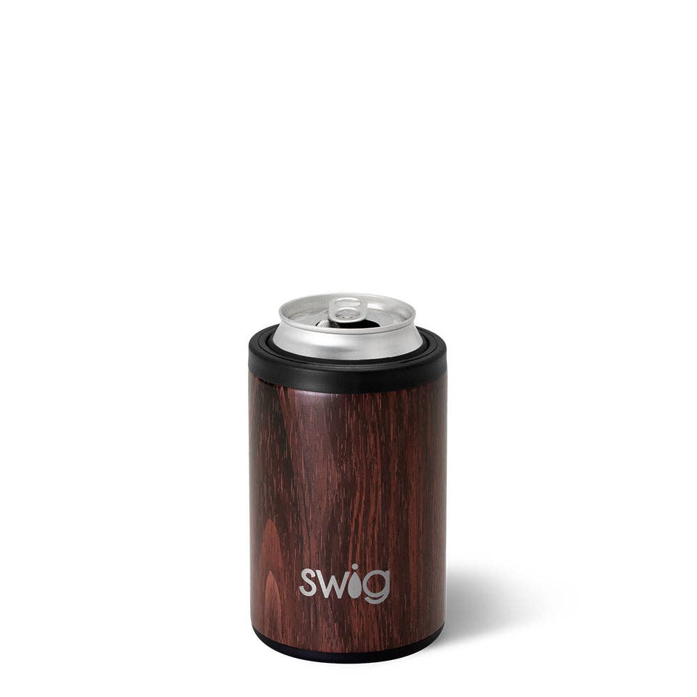 Wooden can cooler with silver top on a white background, featuring the 'swig' brand.