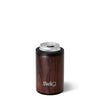 Wooden can cooler with silver top on a white background, featuring the 'swig' brand.