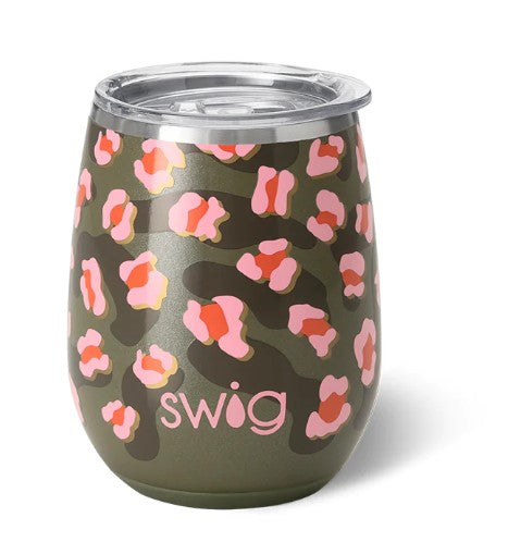 A 14oz SWIG stemless wine cup with a floral pattern and a green background.