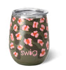 A 14oz SWIG stemless wine cup with a floral pattern and a green background.