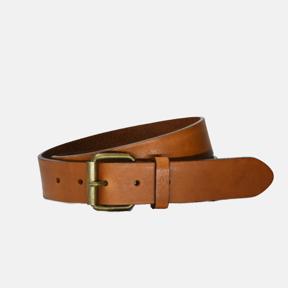 Brown leather belt with a gold buckle on a light beige background
