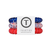 Set of hair ties in red, blue, and white with 'Teleties' packaging on a white background.