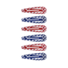Set of six floral-patterned hair clips in red, white, and blue on a white background