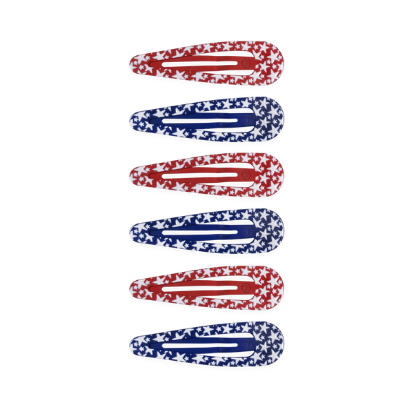 Set of six floral-patterned hair clips in red, white, and blue on a white background