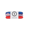 Set of hair ties with American flag design and 'Teleties' branding on a white background
