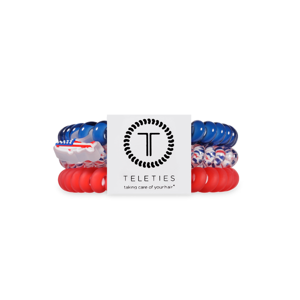 Set of hair ties with American flag design and 'Teleties' branding on a white background